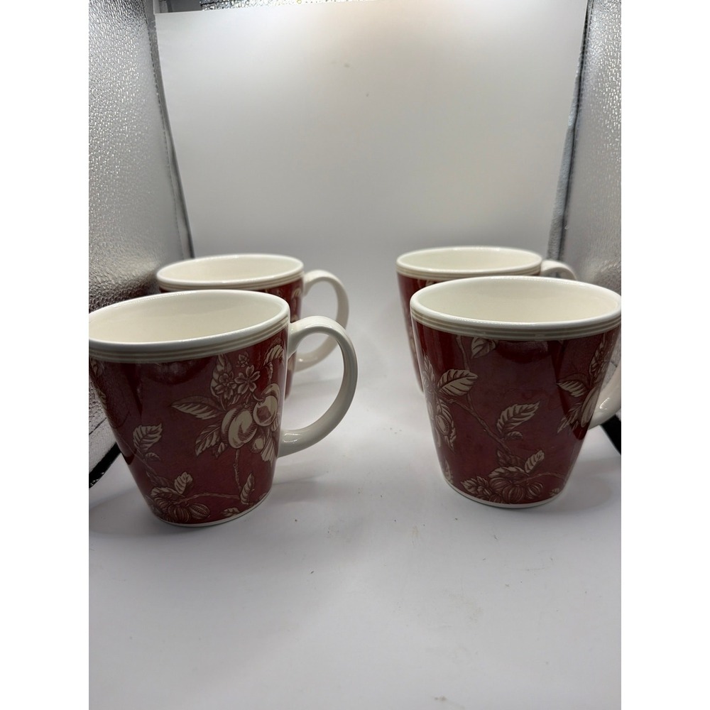 4 Waverly GARDEN ROOM Coffee Tea Cup Mug FRUIT TOILE PATTERN Red Burgundy
